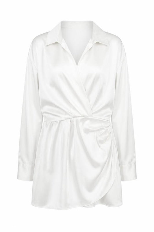 Front view of Zara Women White Satin Wrap Blouse Long Sleeve L