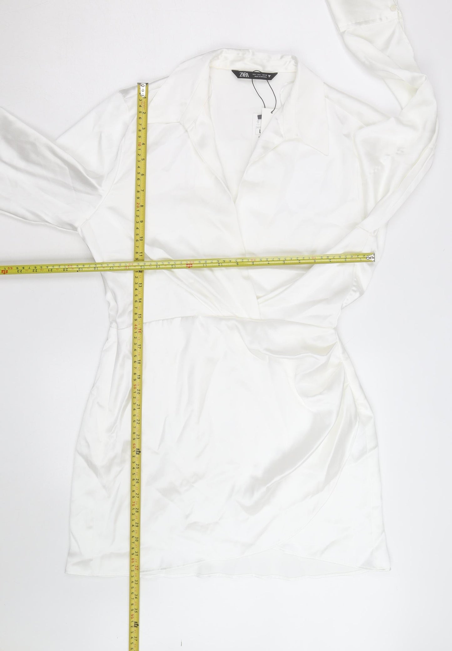 Zara Women White Satin Wrap Blouse Long Sleeve L