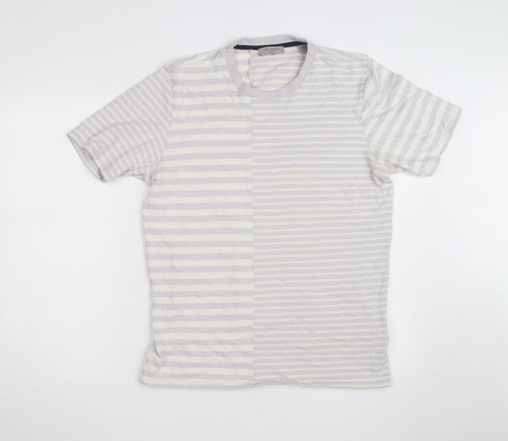 Ted Baker Women Grey Striped Cotton Crew Neck T-Shirt Size L