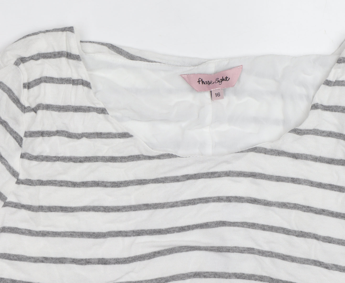 Phase Eight Women's White Grey Striped Long Sleeve Cotton Modal Top Size 16