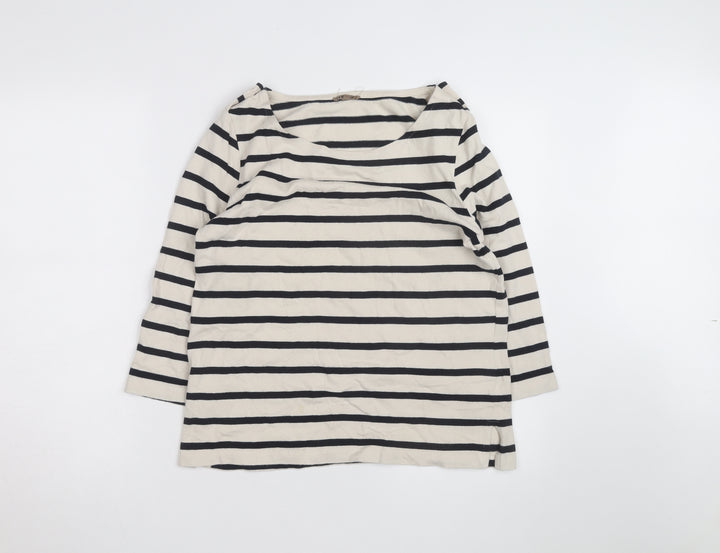 Jigsaw Women's Beige Navy Stripe 3/4 Sleeve Cotton Boat Neck T-Shirt L