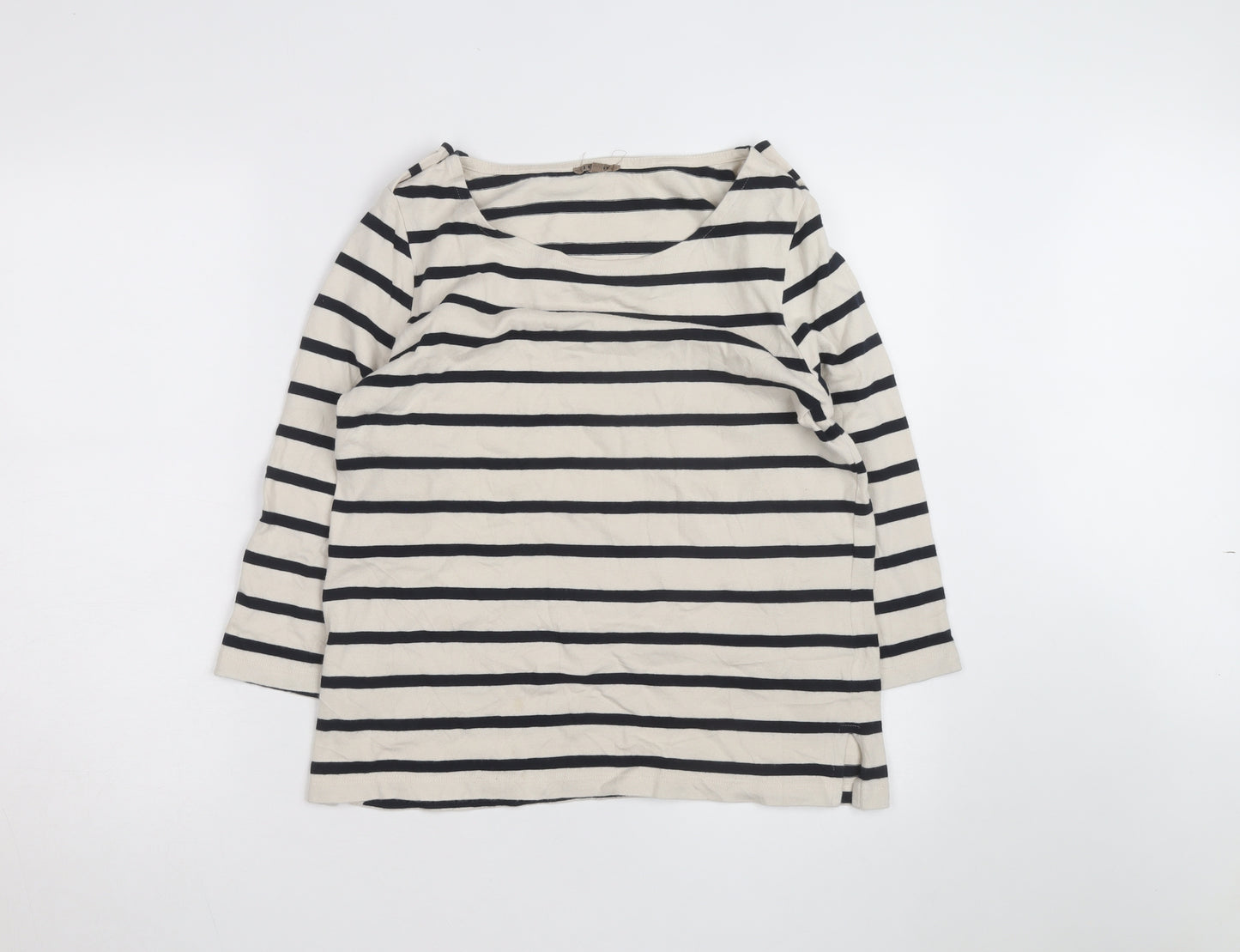 Jigsaw Women's Beige Navy Stripe 3/4 Sleeve Cotton Boat Neck T-Shirt L