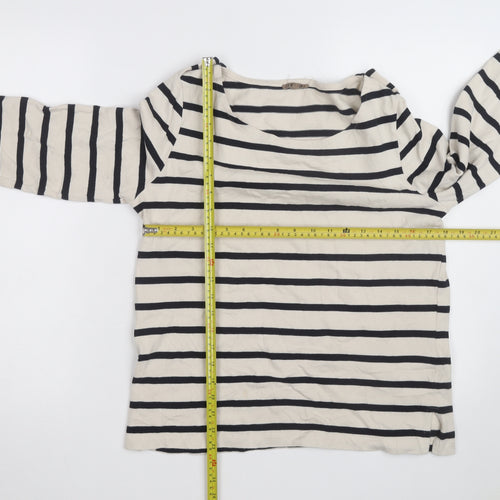 Jigsaw Women's Beige Navy Stripe 3/4 Sleeve Cotton Boat Neck T-Shirt L