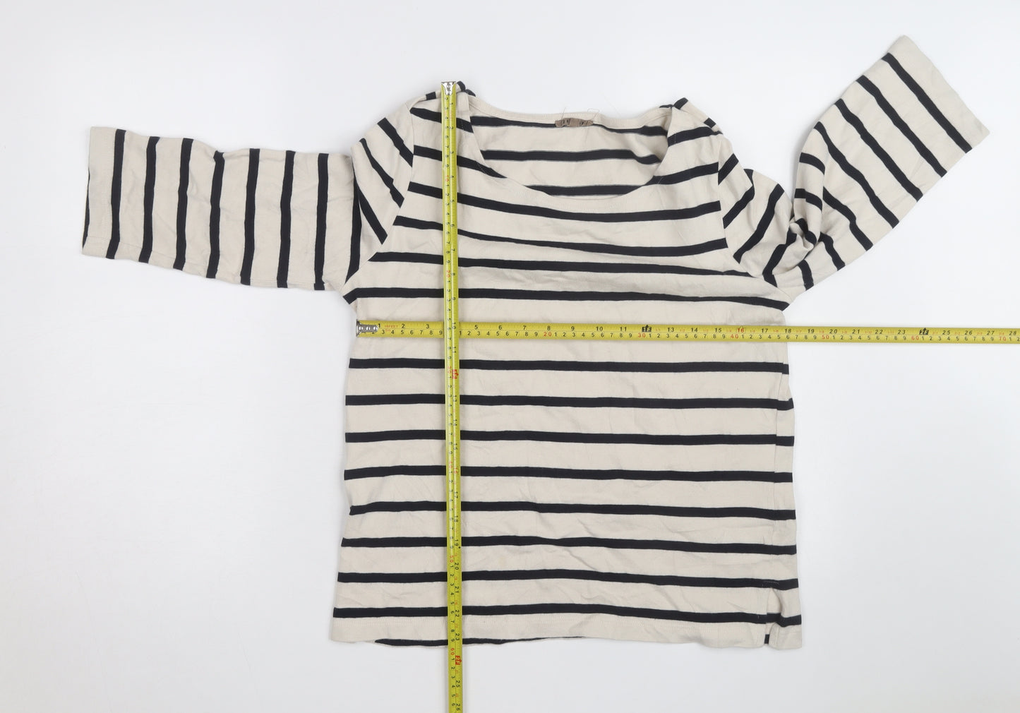 Jigsaw Women's Beige Navy Stripe 3/4 Sleeve Cotton Boat Neck T-Shirt L