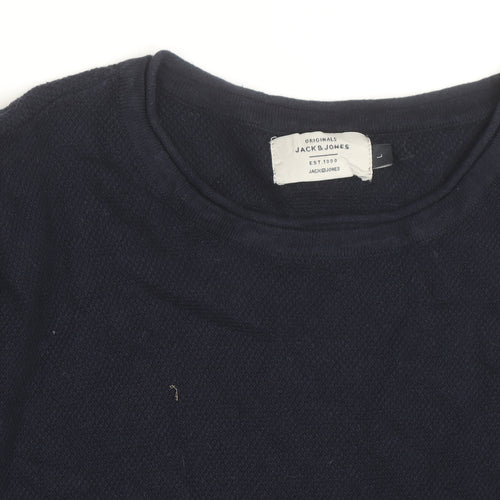 Jack & Jones Men's Blue Cotton Crew Neck Pullover Jumper Size L