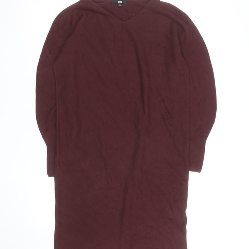 Uniqlo Women Brown Wool V-Neck Long Sleeve Knee Length Sweater Dress XS