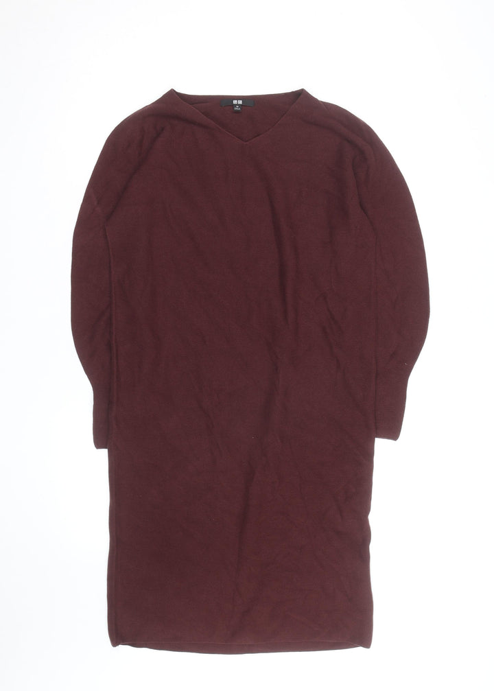 Uniqlo Women Brown Wool V-Neck Long Sleeve Knee Length Sweater Dress XS