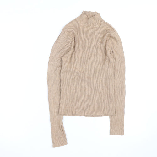 Boohoo Women Beige Mock Neck Ribbed Knit Long Sleeve Jumper S