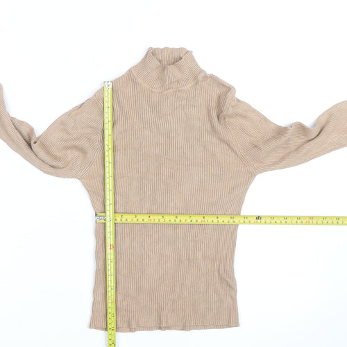 Boohoo Women Beige Mock Neck Ribbed Knit Long Sleeve Jumper S