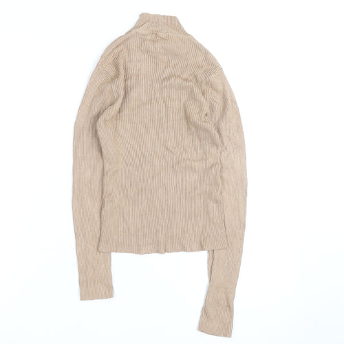 Boohoo Women Beige Mock Neck Ribbed Knit Long Sleeve Jumper S