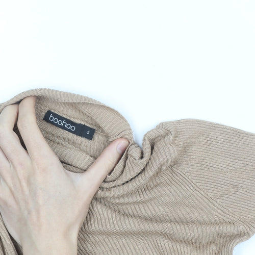 Boohoo Women Beige Mock Neck Ribbed Knit Long Sleeve Jumper S
