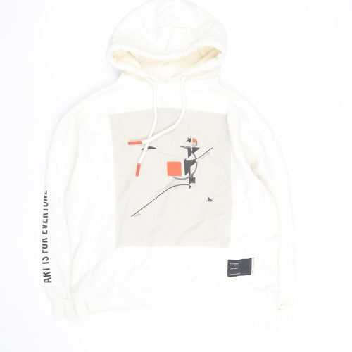 Pull&Bear Men's White Graphic Art Hoodie Size L Pullover Fleece
