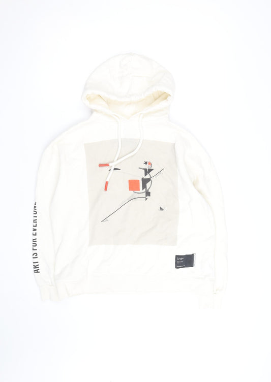 Pull&Bear Men's White Graphic Art Hoodie Size L Pullover Fleece