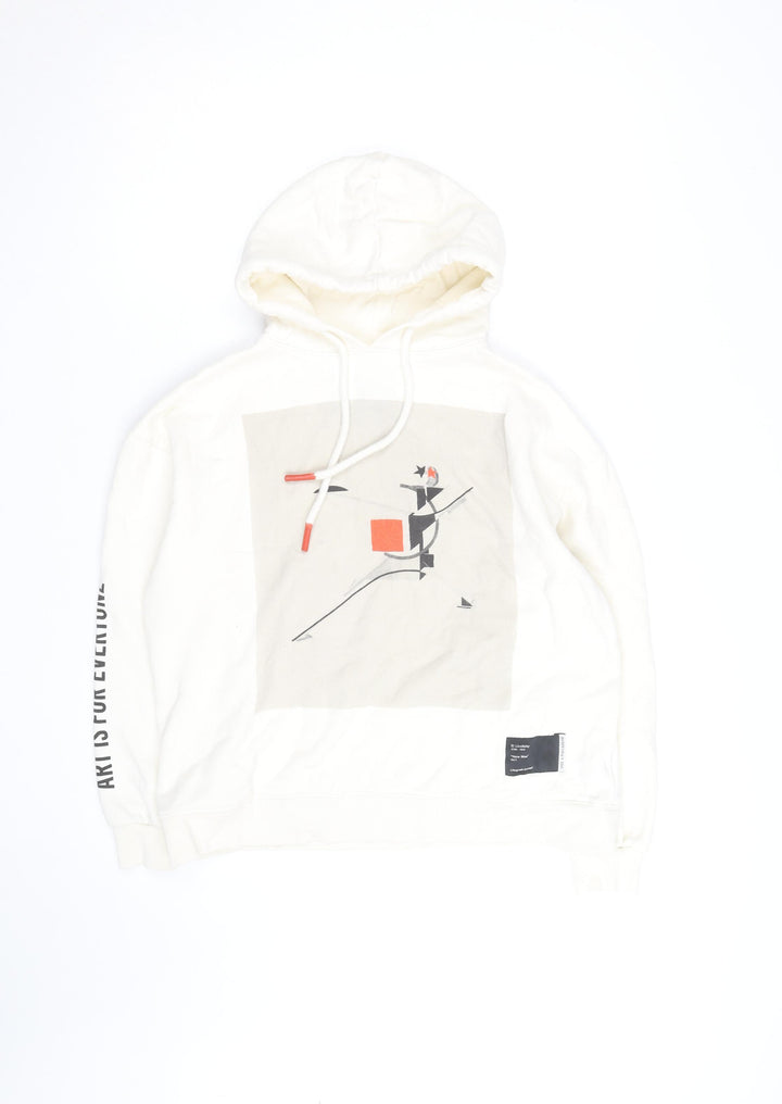 Pull&Bear Men's White Graphic Art Hoodie Size L Pullover Fleece