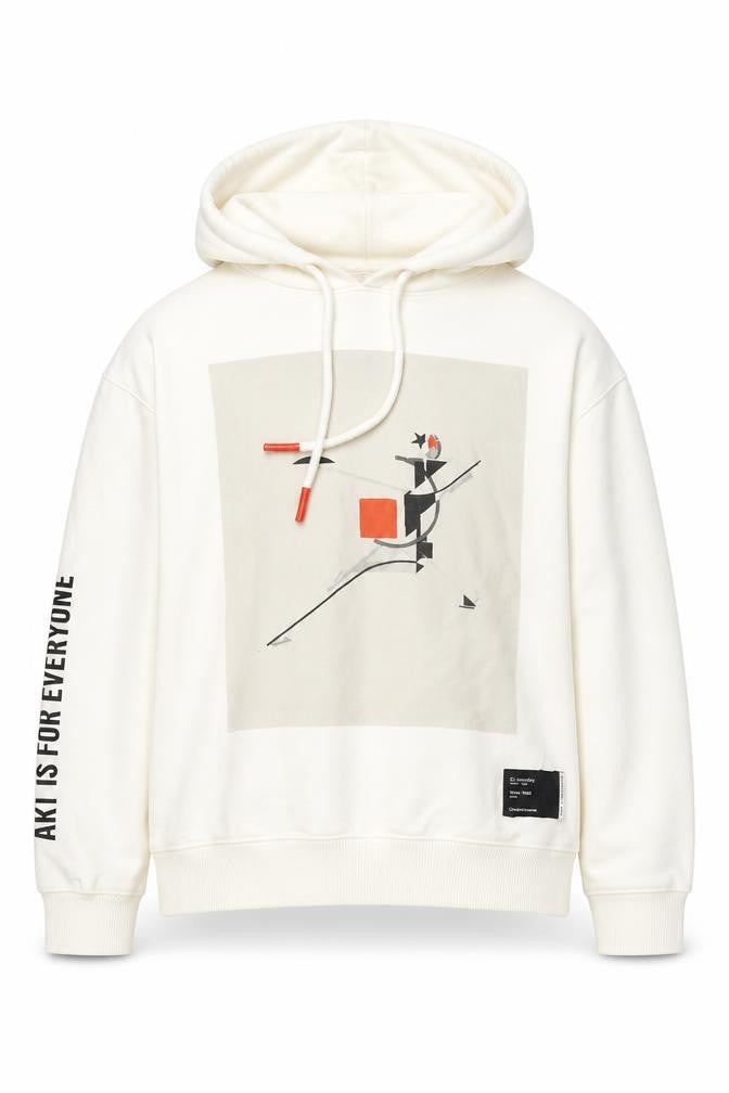 Pull&Bear Men's White Graphic Art Hoodie Size L Pullover Fleece