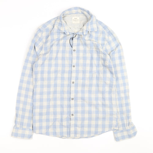 Marks and Spencer Men's Blue Check Linen Cotton Regular Fit Shirt S