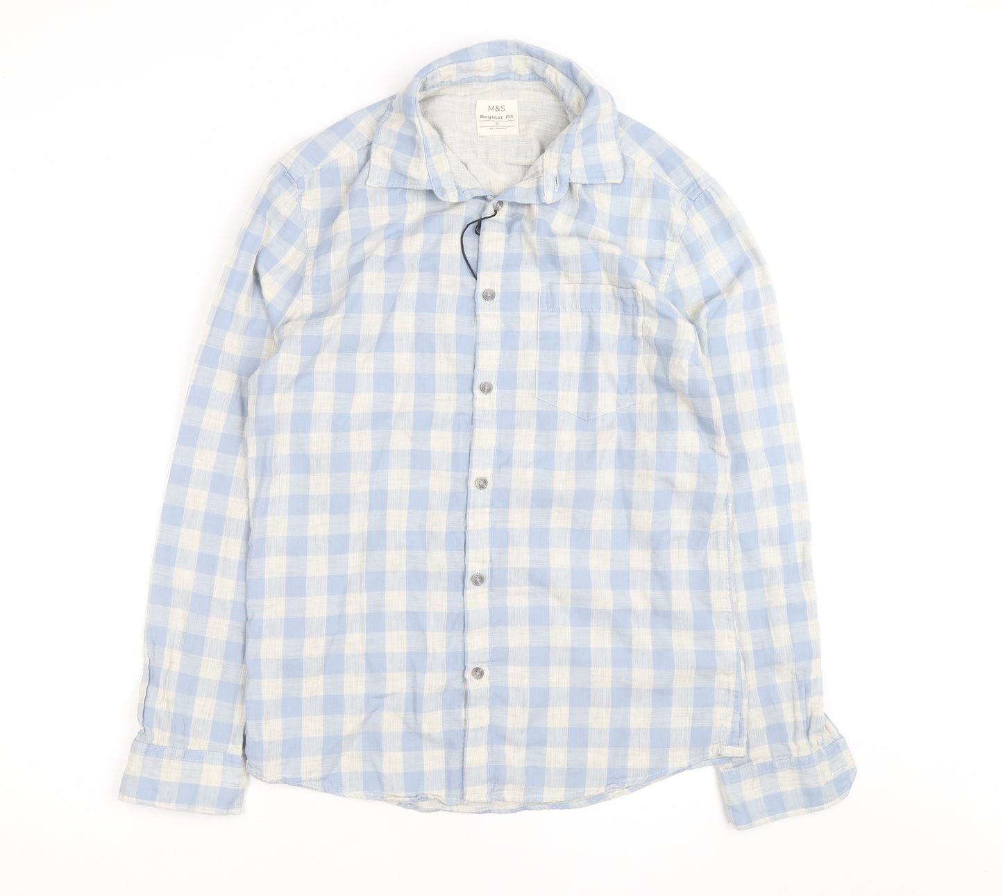 Marks and Spencer Men's Blue Check Linen Cotton Regular Fit Shirt S