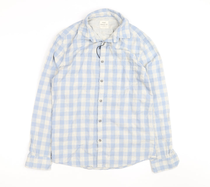 Marks and Spencer Men's Blue Check Linen Cotton Regular Fit Shirt S