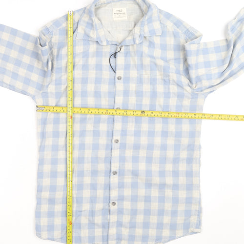 Marks and Spencer Men's Blue Check Linen Cotton Regular Fit Shirt S