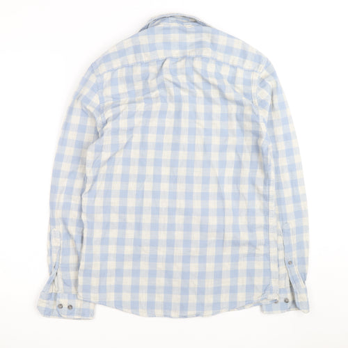 Marks and Spencer Men's Blue Check Linen Cotton Regular Fit Shirt S