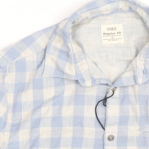 Marks and Spencer Men's Blue Check Linen Cotton Regular Fit Shirt S