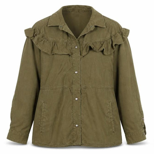 TRF Women’s Green Cotton Ruffle Button-Up Tunic Shirt Size 10