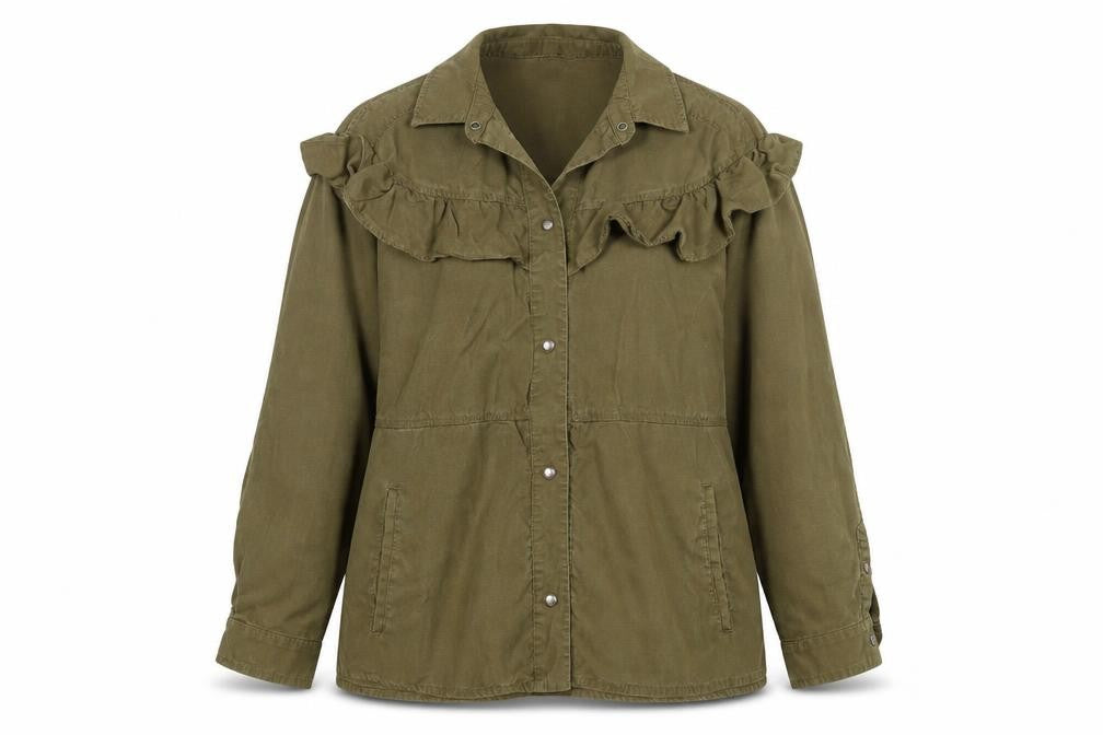TRF Women’s Green Cotton Ruffle Button-Up Tunic Shirt Size 10