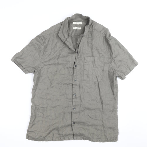 Marks and Spencer Men's Grey Linen Short Sleeve Button-Up Shirt Size M