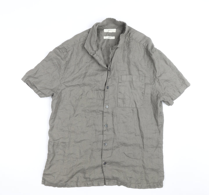 Marks and Spencer Men's Grey Linen Short Sleeve Button-Up Shirt Size M