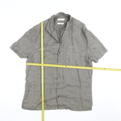 Marks and Spencer Men's Grey Linen Short Sleeve Button-Up Shirt Size M