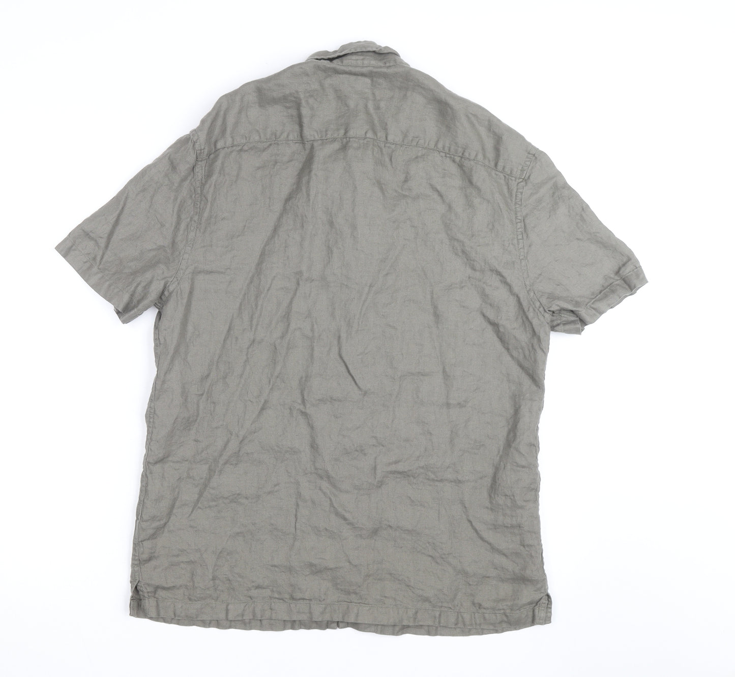 Marks and Spencer Men's Grey Linen Short Sleeve Button-Up Shirt Size M