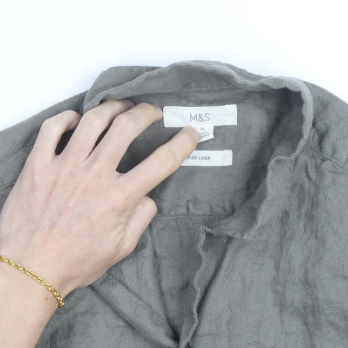 Marks and Spencer Men's Grey Linen Short Sleeve Button-Up Shirt Size M