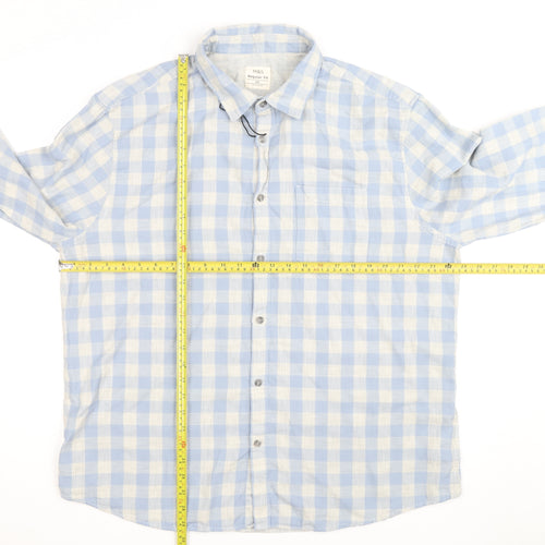 Marks and Spencer Men's Blue Check Regular Fit 2XL Long Sleeve Shirt
