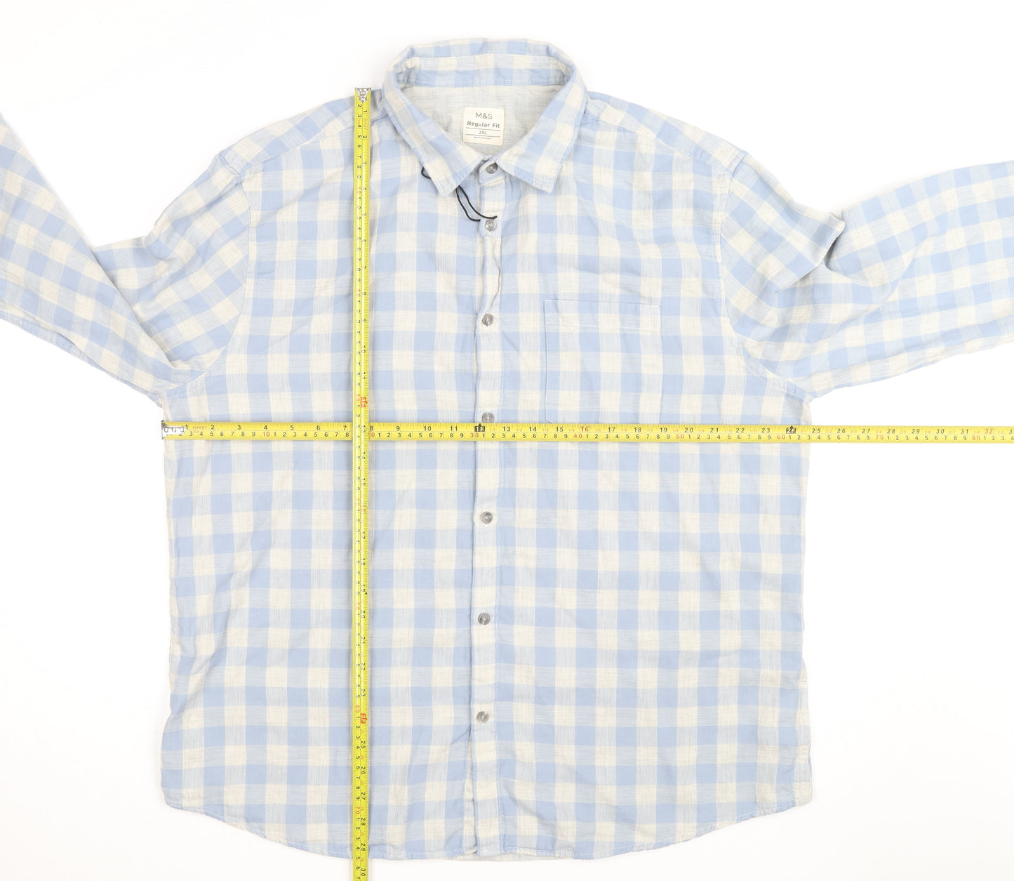 Marks and Spencer Men's Blue Check Regular Fit 2XL Long Sleeve Shirt