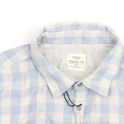 Marks and Spencer Men's Blue Check Regular Fit 2XL Long Sleeve Shirt