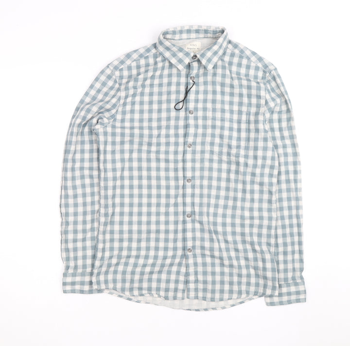 Marks and Spencer Men's Blue Check Regular Fit Long Sleeve Cotton Shirt Size S