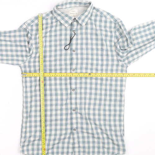 Marks and Spencer Men's Blue Check Regular Fit Long Sleeve Cotton Shirt Size S