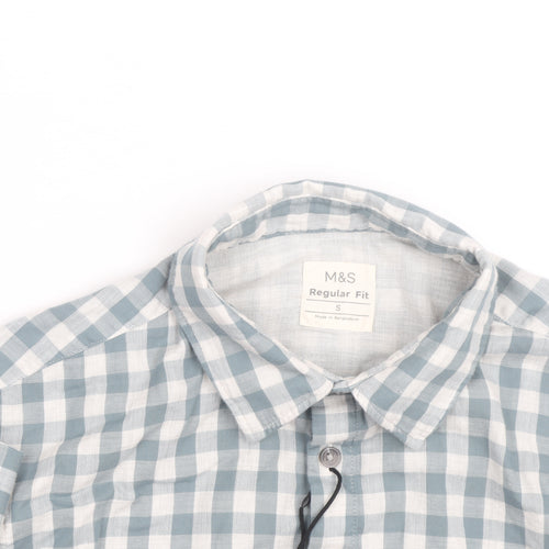 Marks and Spencer Men's Blue Check Regular Fit Long Sleeve Cotton Shirt Size S