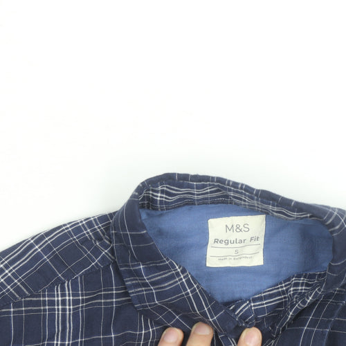Marks and Spencer Men’s Blue Check Regular Fit Cotton Long Sleeve Shirt S