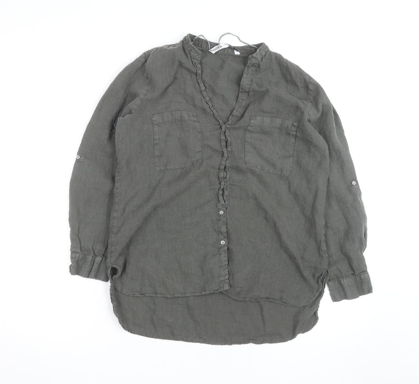 Zara Womens Grey Linen Tunic Blouse Size M Long Sleeve Casual Top