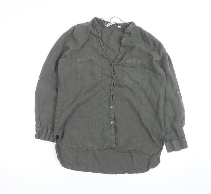 Zara Womens Grey Linen Tunic Blouse Size M Long Sleeve Casual Top