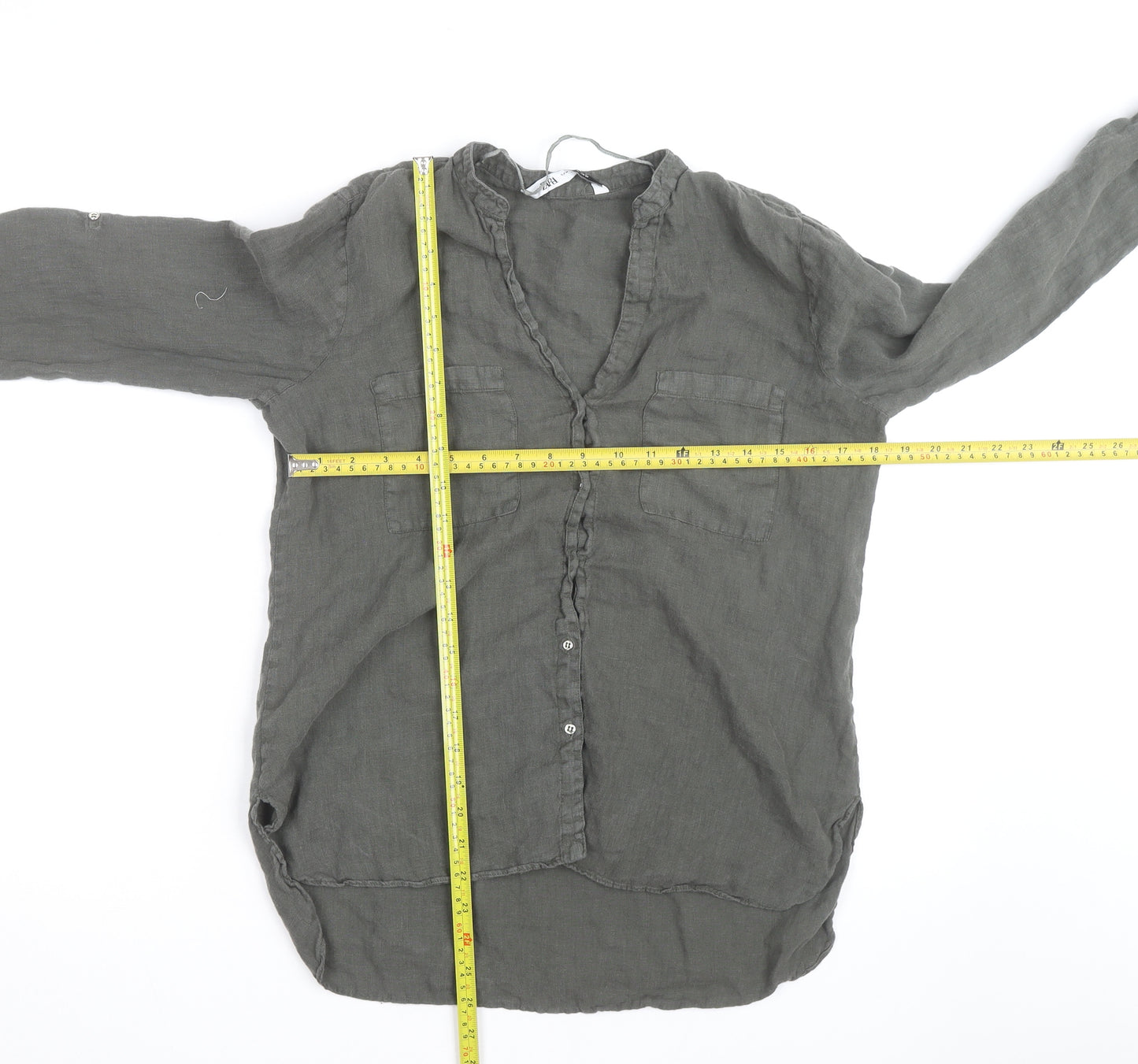 Zara Womens Grey Linen Tunic Blouse Size M Long Sleeve Casual Top