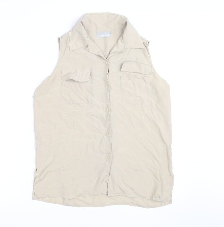 Journal Womens Beige Silk Sleeveless Collared Blouse Size 12