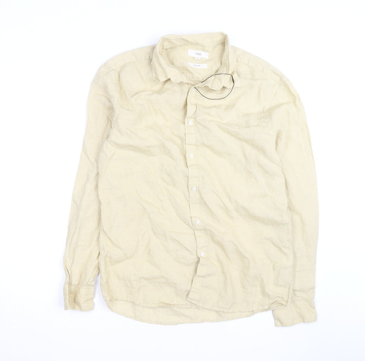 Marks and Spencer Men's Beige Linen Long Sleeve Button-Up Shirt M