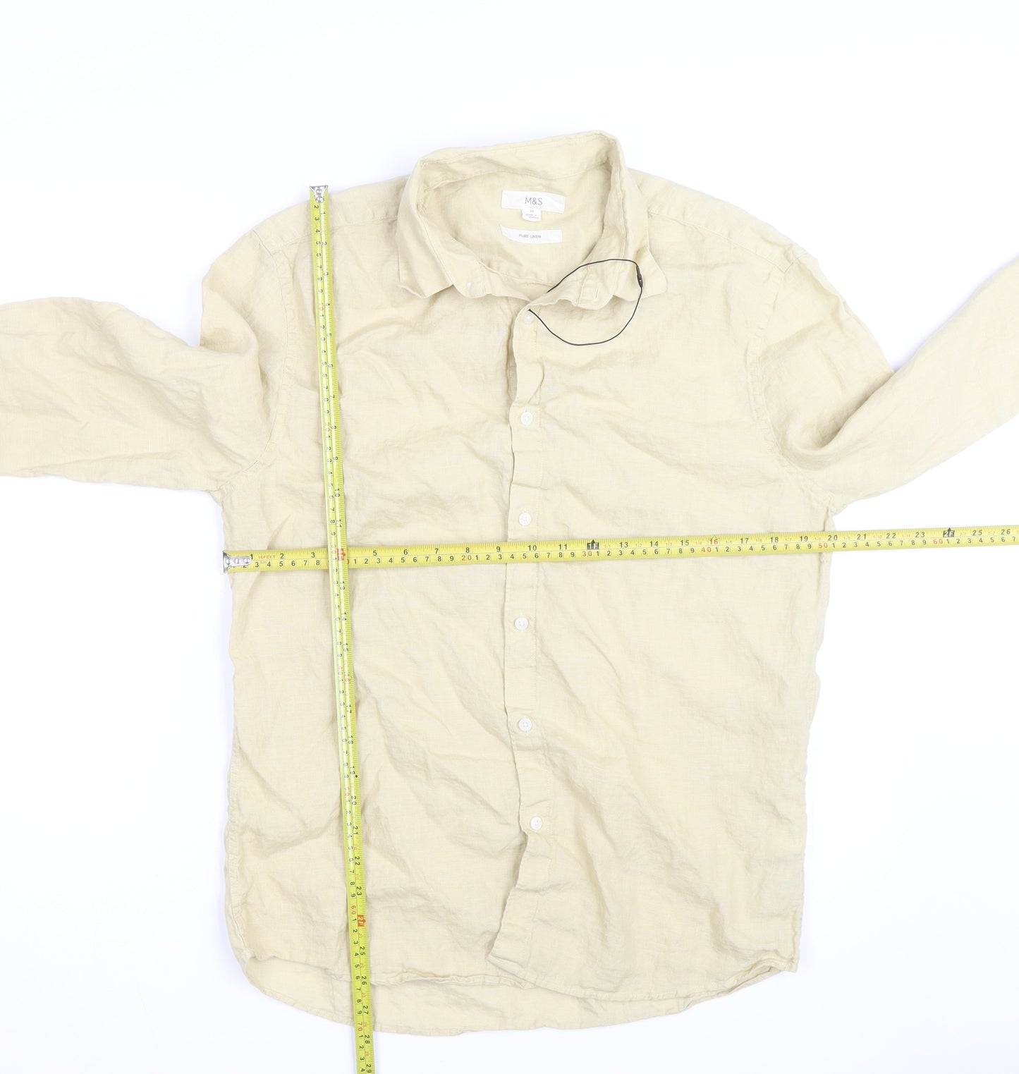 Marks and Spencer Men's Beige Linen Long Sleeve Button-Up Shirt M
