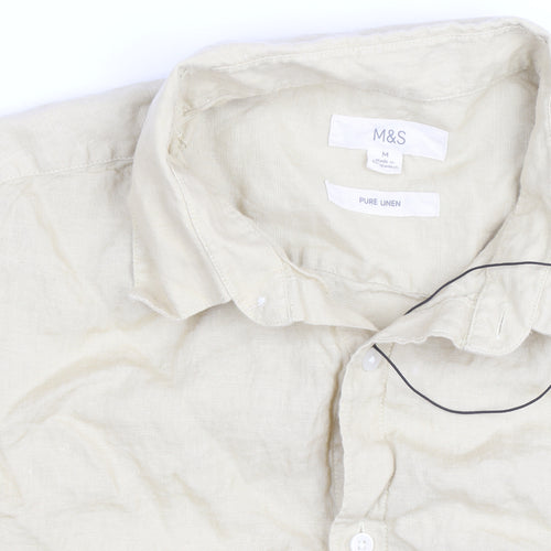 Marks and Spencer Men's Beige Linen Long Sleeve Button-Up Shirt M