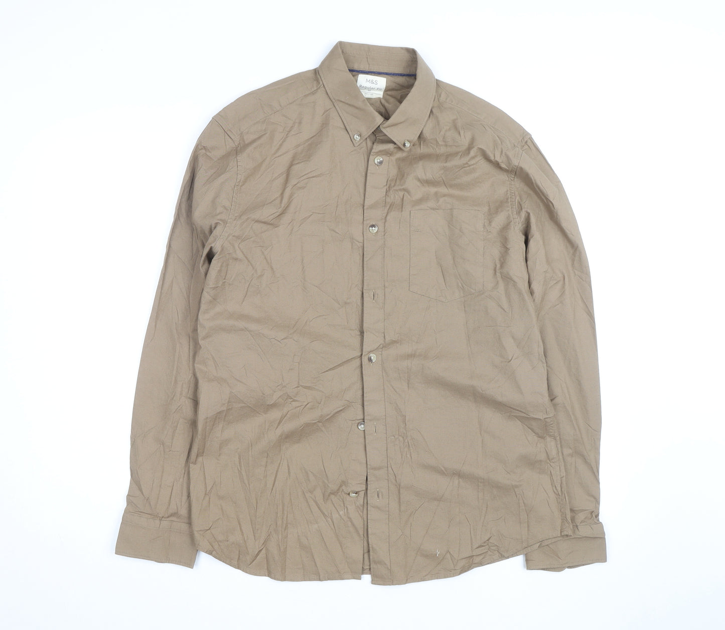 Marks and Spencer Men's Brown Regular Fit Button-Down Shirt M