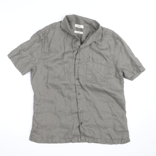 Marks and Spencer Men's Grey Pure Linen Short Sleeve Button-Up Shirt M