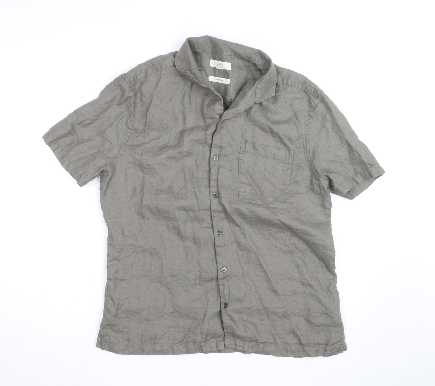 Marks and Spencer Men's Grey Pure Linen Short Sleeve Button-Up Shirt M