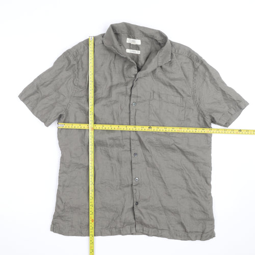Marks and Spencer Men's Grey Pure Linen Short Sleeve Button-Up Shirt M